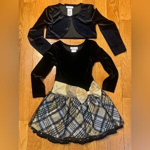 Girls Bonnie Jean Black Velvet Dress with Gold Plaid Skirt